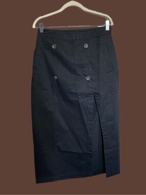 Button-Detail Black Midi Skirt with Front Slit